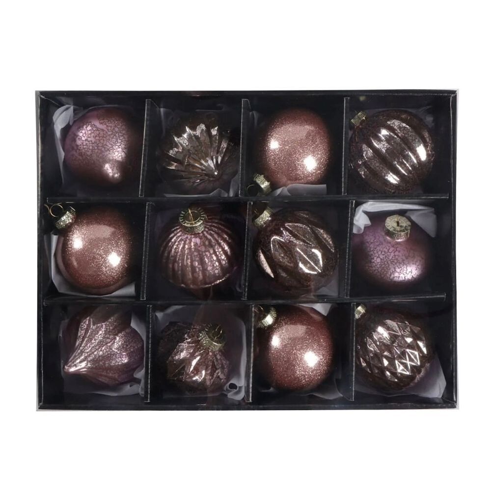 12 count Light Pink Decorated Glass Christmas Ornament set, 3". New